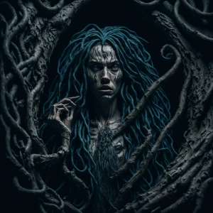 Create an image of Medusa holding shears, her snake hair express...