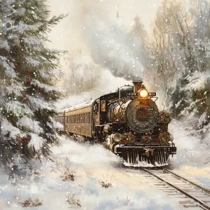 A vintage train, its weathered metal gleaming with the patina of...