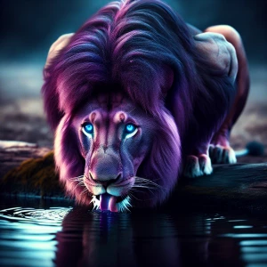 Lion with deep purple fur , neon blue eyes, getting a drink of w...
