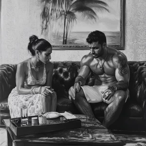 realism art style 1:1 .A sweaty man sitting on sofa  with his 54...