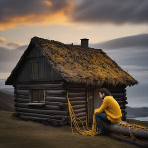 It is twilight, a log house, a guy with long black dirty hair, v...