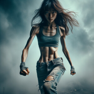 Skinny and thin Asian teen girl wearing skin tight jeans that are worn and frayed, long hair and bangs heroic ready to fight stance