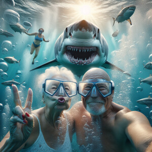 100 year old shabby couple, he is bald, are swimming in the sea,...