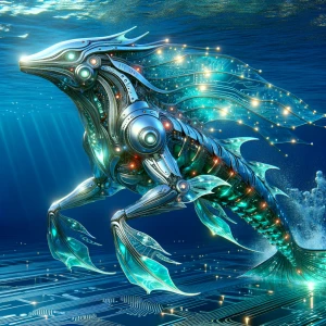A shimmering metallic Aquarian creature, its sleek body adorned...