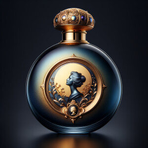 Create an image of a sleek, round perfume bottle, bathed in a gr...