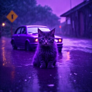 Small purple car in road. Heavy rain soaks cats fur and whiskers...