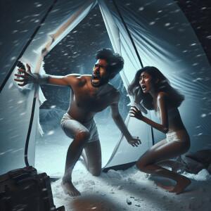 A man and woman barely dreesed in underwear desperately cut a ga...