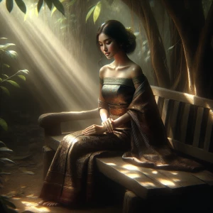 A woman sitting on a wooden bench, softly lit by dappled sunlight filtering through nearby trees. Her expression is serene, with her hands resting lightly on her lap.