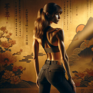 Athletic Thin skinny Attractive, Asian teenage girl, long brown hair and bangs, wearing tight skinny jeans and a halter top paint marks on her clothing, heroic pose Asian graffiti background, backside view