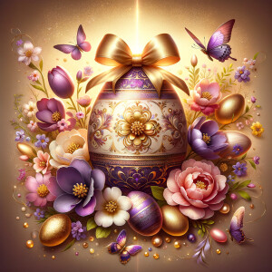 A luxurious and ornate Easter-themed image featuring a large cen...