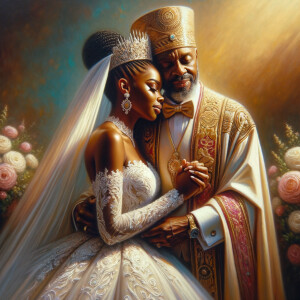 Imagine a hyper-realistic oil painting that captures a tender moment between theAfrican American bride and her God. The setting is intimate and filled with soft, warm lighting that enhances the emotional depth of the scene. The bride, in herexquisite wedding gown, shares a heartfelt embrace with her african-American Lord Jesus , who is dressedin an elegant outfit that complements the wedding's color scheme. Their expressions are full of love, pride, and joy, reflecting the special bond between them. Theattention to detail is paramount, from the intricate designs of their dresses to the subtle emotions conveyed in their facial expressions. The background is a blur ofgentle pastel hues, ensuring that the focus remains on this touching moment. Thispainting should convey the warmth, love, and depth of the relationship, with the rich textures and vibrant strokes characteristic of oil paintings, capturing the essence of this significant pre-wedding moment.