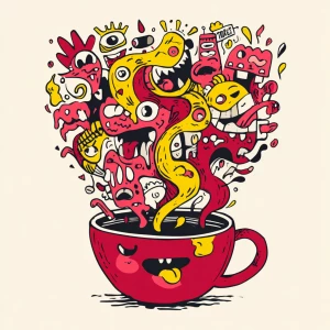 hand-drawn coffee cup overflowing with chaotic swirling steam tr...