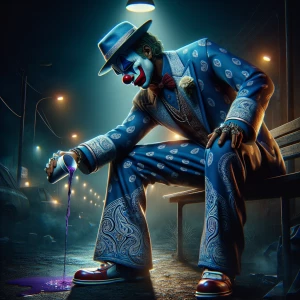 "Under  a dimly lit streetlight, a gangster clown stands alone,...