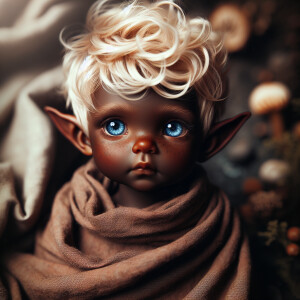 An elven baby with dark brown skin, blue eyes, and blonde hair.