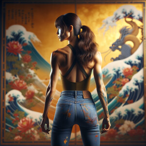 Athletic Thin skinny Attractive, Asian teenage girl, long brown hair and bangs, wearing tight skinny jeans and a halter top paint marks on her clothing, heroic pose Asian graffiti background, backside view