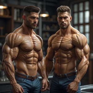 The twin brothers and his dad have that muscle hairy bodies and...