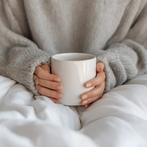 A cozy morning in bed with a woman wearing a soft gray sweater,...
