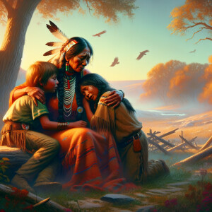 American Indian children hugging their struggling Mother