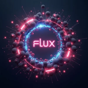 A futuristic and visually striking digital artwork representing Flux Dev with  Flux Dev - written