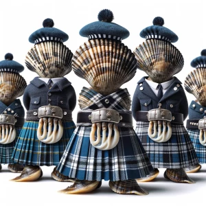 A group of clams, each wearing a matching dark blue Scottish kil...