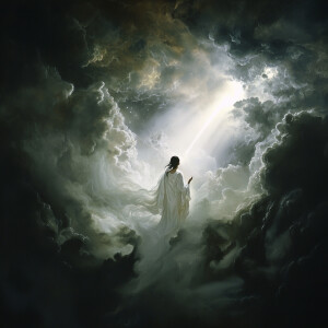 The image depicts a striking figure amidst a dramatic, ethereal...