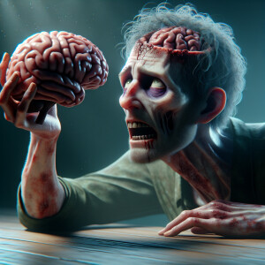 A zombie looking for his brain,  egxrated confused look on zombi...