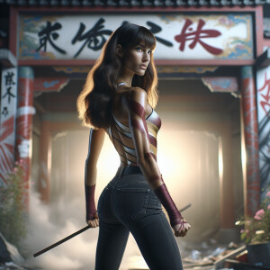 Athletic Thin skinny Attractive, Asian teenage girl, long brown hair and bangs, wearing tight skinny jeans and a halter top paint marks on her clothing, heroic pose Asian graffiti background,  backside view