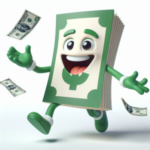 An anthropomorphic dollar bill character dressed in green attire...