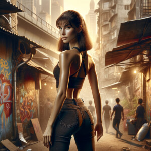 Athletic Thin skinny Attractive, Asian teenage girl, long brown hair and bangs, wearing tight skinny jeans and a halter top paint marks on her clothing, heroic pose Asian graffiti background, backside view