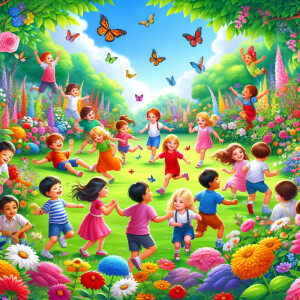 Dibujos con niños y niñas jugando en un jardín