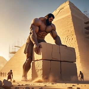 A towering giant carefully places a massive limestone block onto...