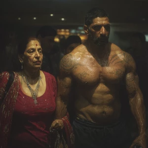 Hyperrealism photo painting,A sweaty beefy kashmiri man walking...