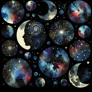 A black background with watercolor designs scattered around, sca...