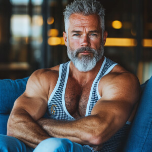 The image shows a white man with a beard , gray haired muscular...