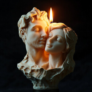 there is a candle that is shaped like a head of a man and a woma...