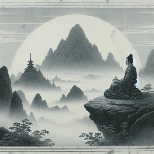 A lone figure in a flowing robe meditating on a misty mountaintop, with a pagoda in the distance