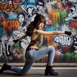 teenage girl, long brown hair and bangs, wearing tight skinny jeans and a halter top paint marks on her clothing, heroic pose Asian graffiti background, nearing on one knee