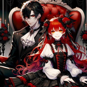 Lilith as a girl with elegant gothic lolita dress sit on the lap of handsome lucifer, the girl has red hair and golden eyes, thrones, black and red elegant luxury background, handsome lucifer smirk