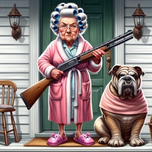 A whimsical caricature image of an old lady standing on her porc...