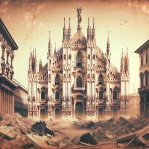 A damaged Milan Cathedral following Allied bombing during WWII,...