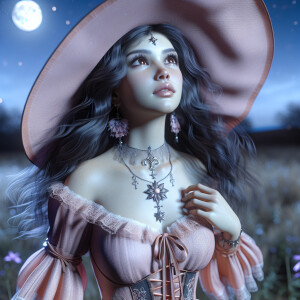 Pretty pastel witch looking up in the moonlight sky