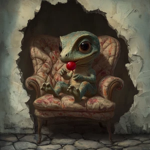 A cute, expressive young,  little dinosaur with a guilty expression, expressive eyes,  is sitting on a vintage oversized quilted reading chair. He has a red lollipop in his hand and is licking it. His tongue shows that he is licking the lollipop. The scene is shown in dark lighting with the light accented on the dinosaur. The scene is shown through a hole in the wall. The floor part of the scene is vintage cobble stones. The hole in the white plaster wall is realistic with some cracks.