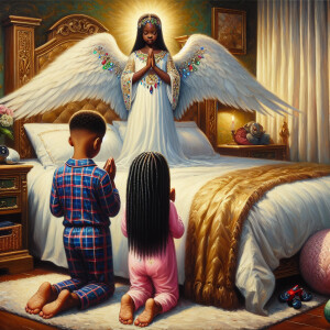An oil painting of two African-American children with dark skin,...