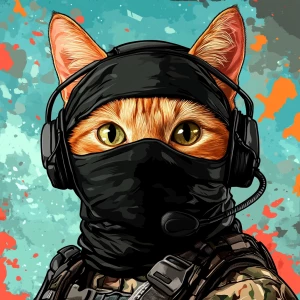A wide-eyed ginger cat wearing a black tactical balaclava (or ma...