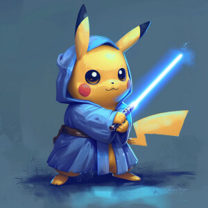 Pikachu in blue jedi robe with blue light saber chopping of head