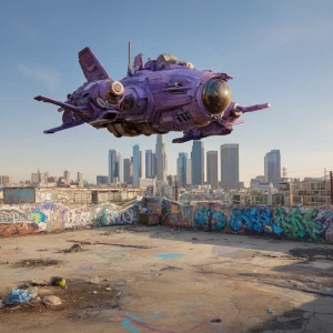 A purple ominous small spacecraft with no wheels floats above L...