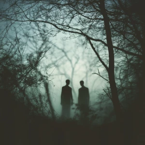 In the ethereal twilight of a mist-shrouded forest, two figures...