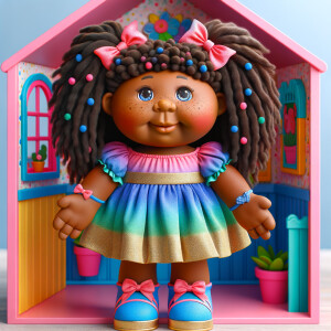 Design a 3-D realistic original African-American Cabbage Patch doll. She has on a blue pink and gold dress with matching booties. She has pink and blue bows in her hair. she lives inside of a colorful dollhouse. She has freckles and big dimples.