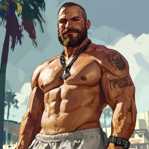 White muscular thin man with beard, big chin, smile and cheekbon...
