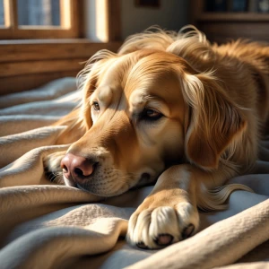 A golden retriever lounging on a soft blanket in a sunlit room,...